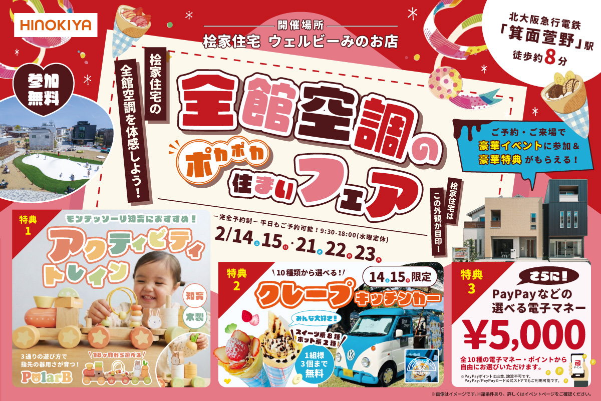 【ウェルビーみのお】2月限定!みんな大好きクレープのキッチンカーがやってくる!さらに2月は電車の知育おもちゃをPRESENT!